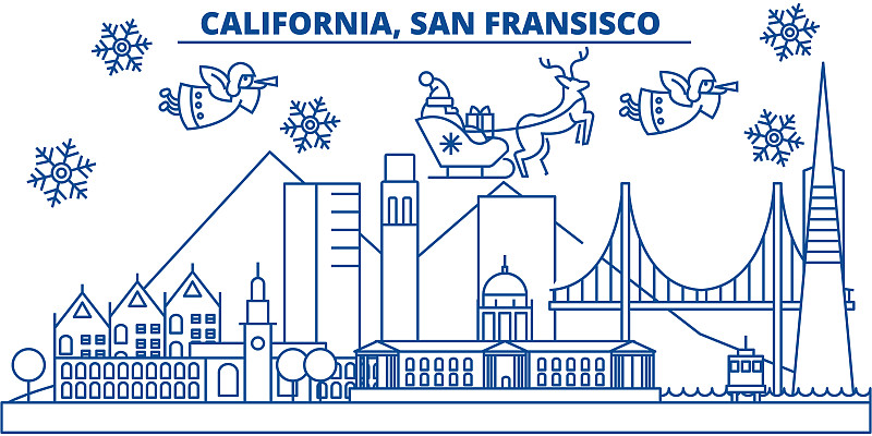 贺卡,雪,绘画插图,冬天,矢量,城市天际线,加利福尼亚,华丽的,平坦的
