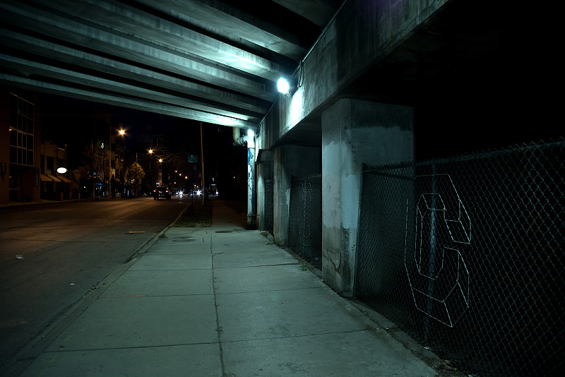 夜晚,芝加哥市,交通,桥,公路,黑色,地下通道,水平画幅,超现实主义的,曙暮光