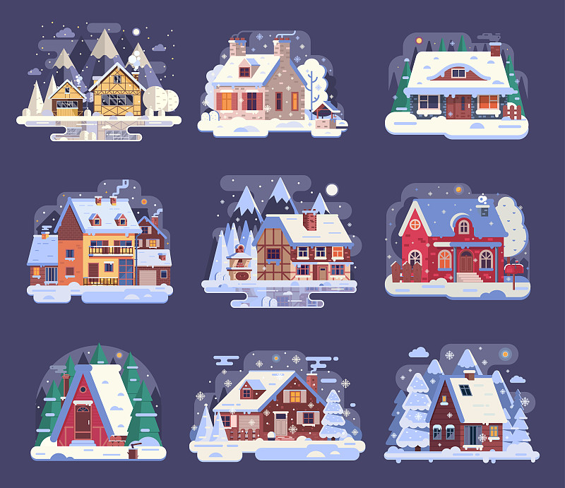 小木屋,冬天,房屋,乡村风格,外立面,水平画幅,夜晚,雪,无人,绘画插图