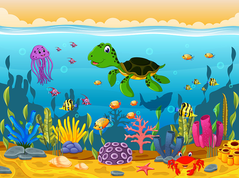 水下,卡通,海龟,水,水平画幅,沙子,绘画插图,夏天,生态多样性,海草