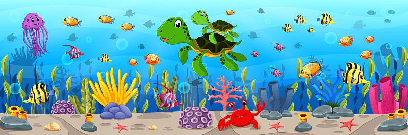 水下,卡通,海龟,水,水平画幅,沙子,绘画插图,夏天,生态多样性,海草