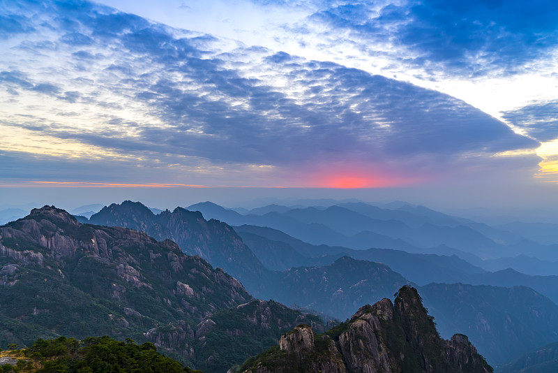 早晨,中国,黄山,背景,自然美,远距离,黄山山脉,安徽省,太平洋,世界遗产