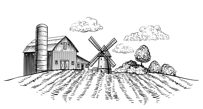 绘画插图,风车,地形,背景,水平画幅,谷仓,田地,农业,时尚,农场