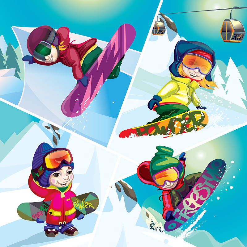 舞台,滑雪板,垂直画幅,休闲活动,雪,绘画插图,组物体,跳板,卡通,活力