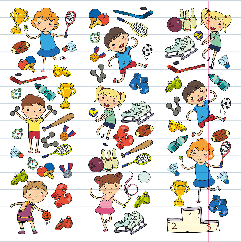 绘画插图,运动,女孩,瑜伽,橄榄球,进行中,男孩,排球,篮球,滚轴曲棍球
