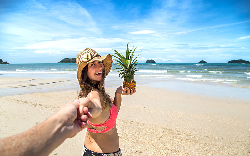 海滩,手,男人,菠萝,拿着,女孩,自然美,水,沙子,在之后