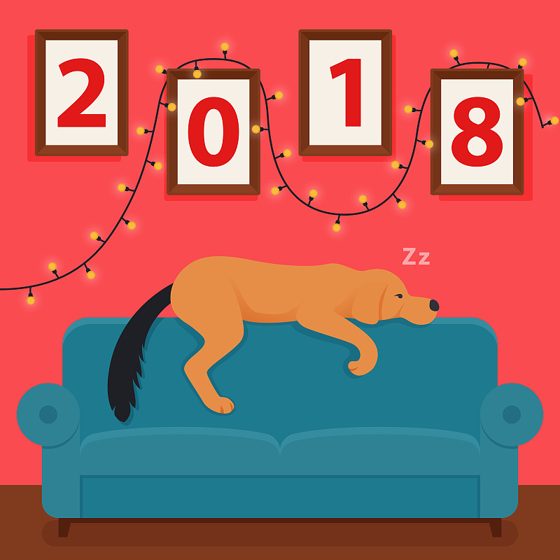狗年,2018,沙发,新年前夕,狗,矢量,日历,圣伯纳犬,睡觉