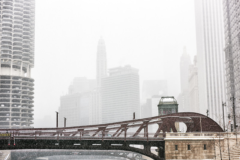 芝加哥河,桥,大风雪,克拉克街,在上面,暴风雨,水平画幅,雪,芝加哥市,无人