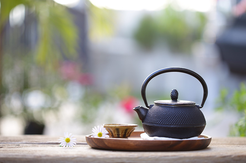 茶壶,杯,黑色,茶杯,壶,热,陶瓷制品,桌子,茶,雏菊