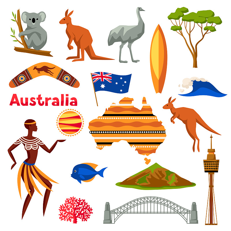 国际著名景点,传统,澳大利亚文明,澳大利亚,组物体,符号,档案,林区,绘画插图,著名景点