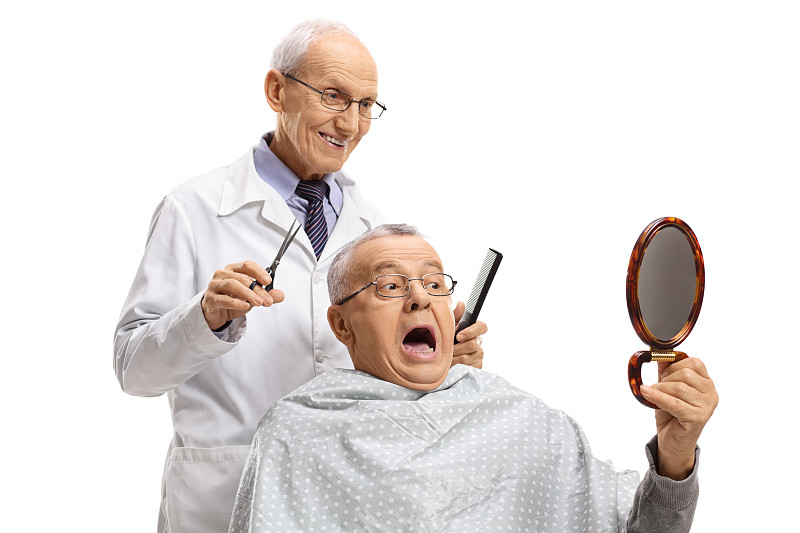 理发师,看,美发师,老年人,镜子,梳子,水平画幅,顾客,古老的,白人