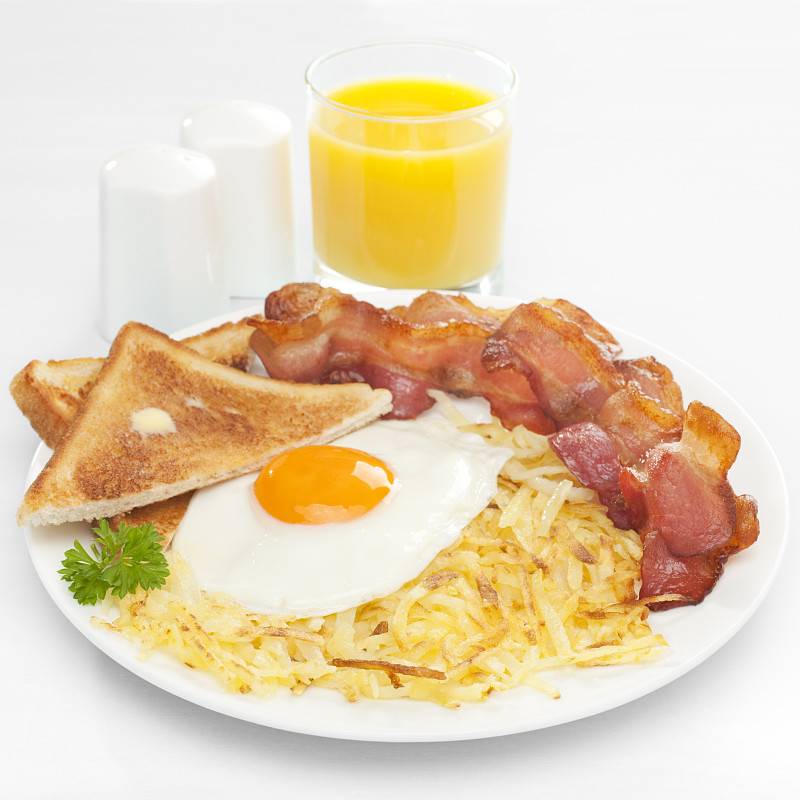 早餐,薯饼,熏猪肉,煎蛋,橙汁,鸡蛋,无人,蓝色,方形画幅,彩色图片
