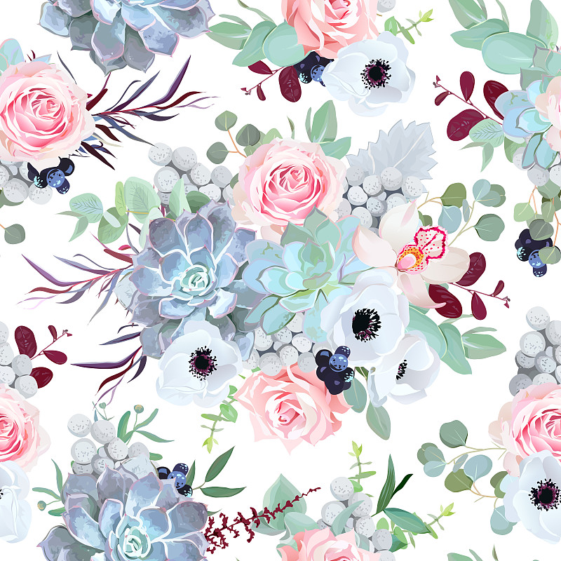 兰花,景天科拟石莲花属植物,银莲花,玫瑰,肉质植物,枝繁叶茂,绘画插图,古典式,夏天,花束