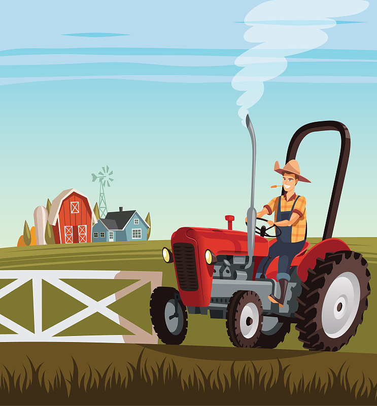司机,拖拉机,小的,红色,农场,垂直画幅,绘画插图,农业机器,古典式,计算机制图