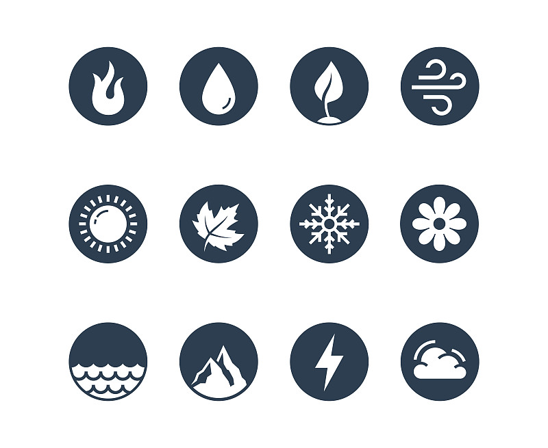 水,符号,泥土,季节,矢量,天气,火,圆形,图标集,半空中