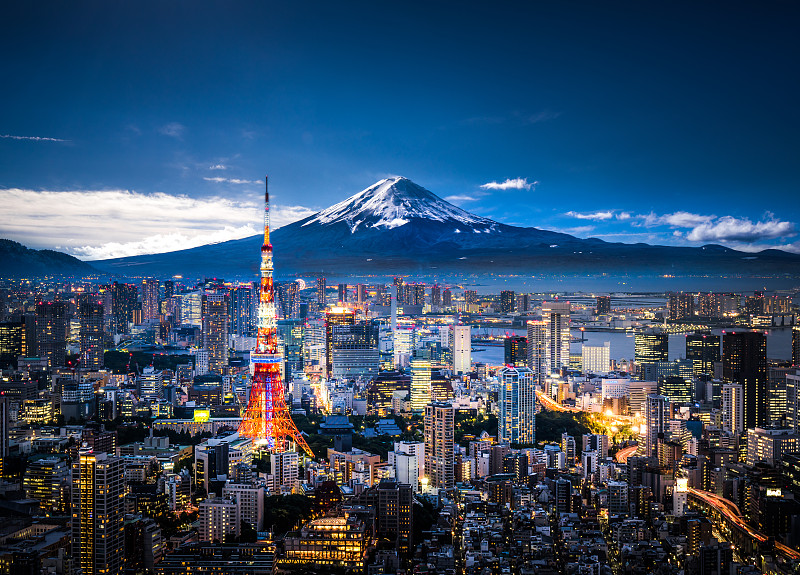 东京,城市天际线,富士山,天空,留白,未来,高视角,夜晚,雪,城市扩张