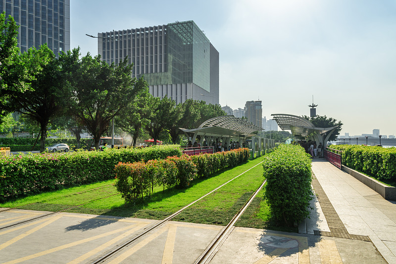 广州,市区,有轨电车,痕迹,停止标志,水平画幅,无人,市区路,铁轨轨道,交通