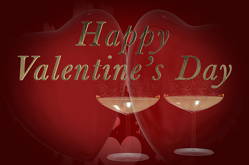 English,Happy,Valentine’s,Day,phrase,in,gold,3D,letters,with,two,3D,red,hearts,and,champagne,glasses,the,bubbles,from,the,champagne,are,heart,shaped,on,a,red,background,with,a,vignette.