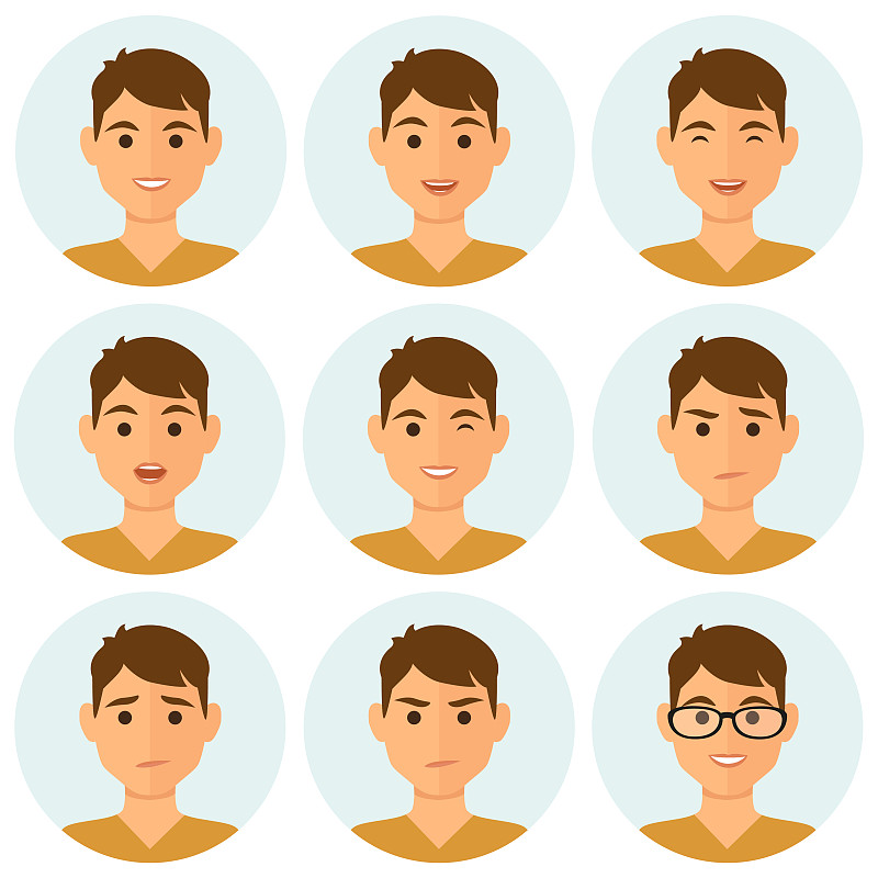 面部表情,男人,绘画插图,卡通,表情符号,人的脸部,正字符号,男孩,成年的,情感