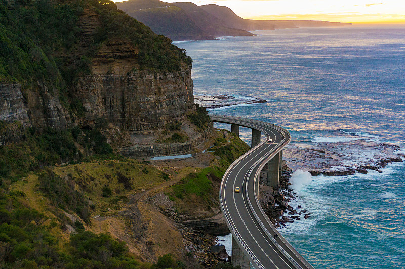 桥,悬崖,航拍视角,海洋,新南威尔士,水平画幅,高视角,交通,户外,交通方式