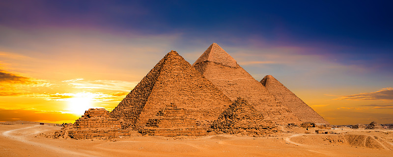 埃及,吉萨金字塔群,纪念碑,天空,水平画幅,无人,古老的,吉萨,曙暮光,户外