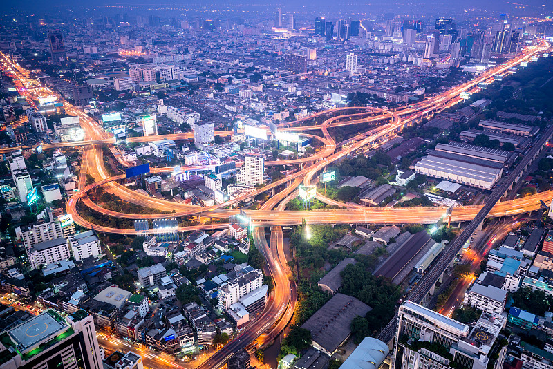 泰国,都市风景,顶部,水平画幅,能源,夜晚,无人,陆用车,交通,曙暮光