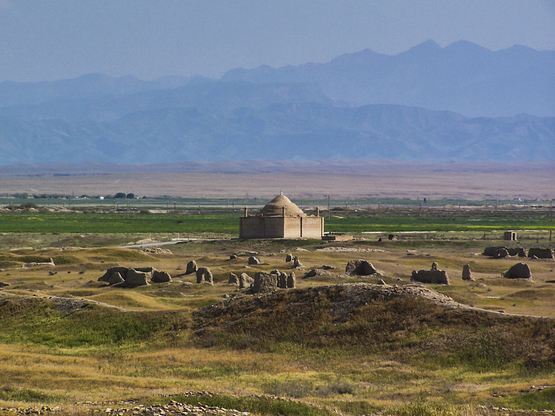 土库曼斯坦,陵墓,水平画幅,绿色,山,建筑,无人,蓝色,路,清真寺