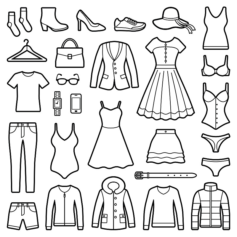 女人,衣服,个人随身用品,纺织品,绘画插图,靴子,眼镜,衣架,衬衫,比基尼