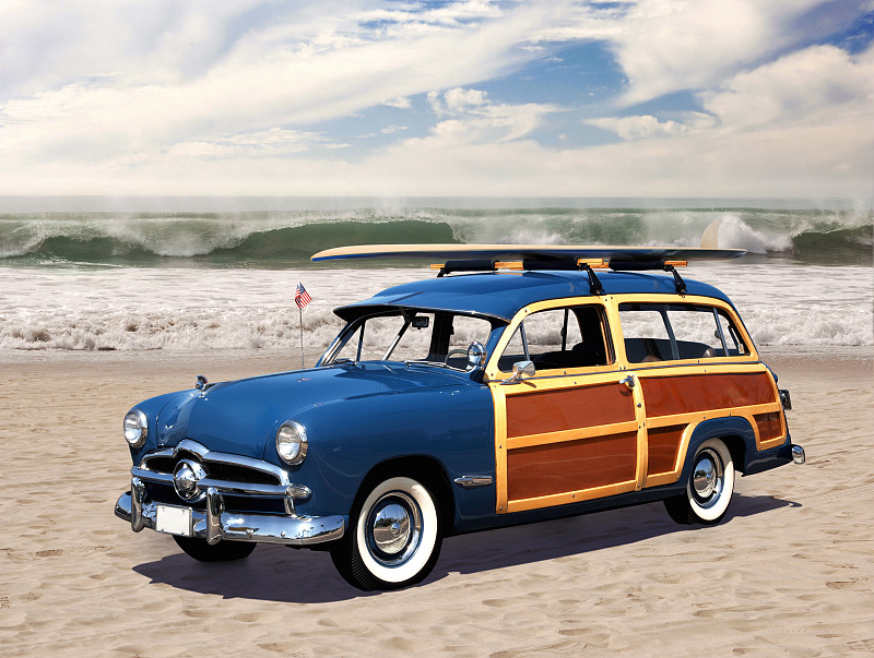 海滩,1949,旅行车,福特汽车公司,海浪,1940年至1949年,青少年,青春期,水平画幅,沙子