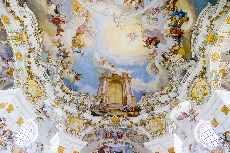 维斯教堂,德国,施泰因加登,泥墙画,洛可可风格,耶稣基督,巴伐利亚,天使,天花板,纪念碑