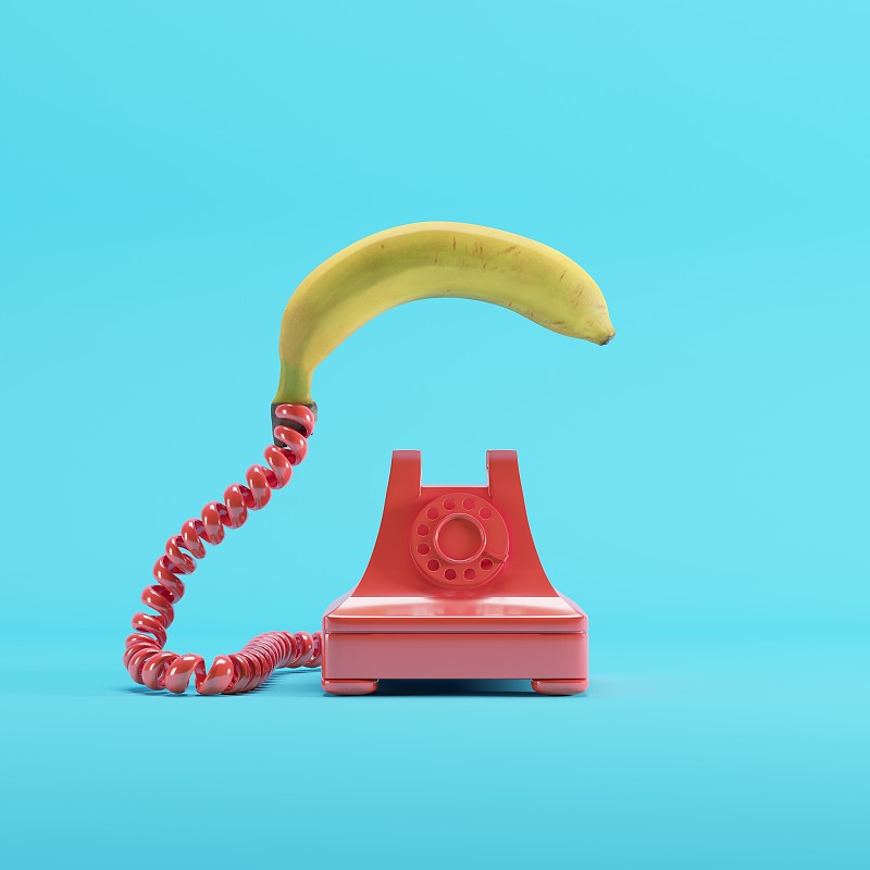 电话机,想法,香蕉,红色,概念,极简构图,蓝色,彩色蜡笔,彩色背景,复古
