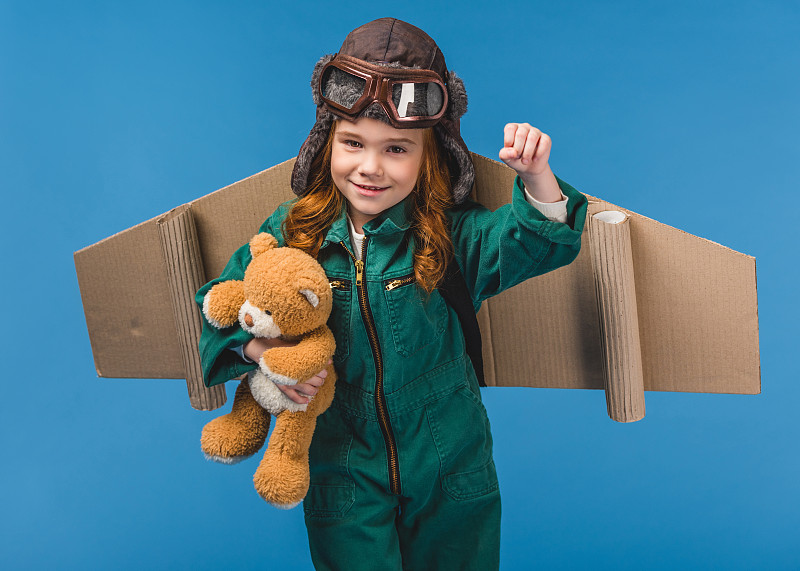 儿童,可爱的,泰迪熊,手工纸,飞行员,分离着色,古服装,蓝色,机翼,注视镜头