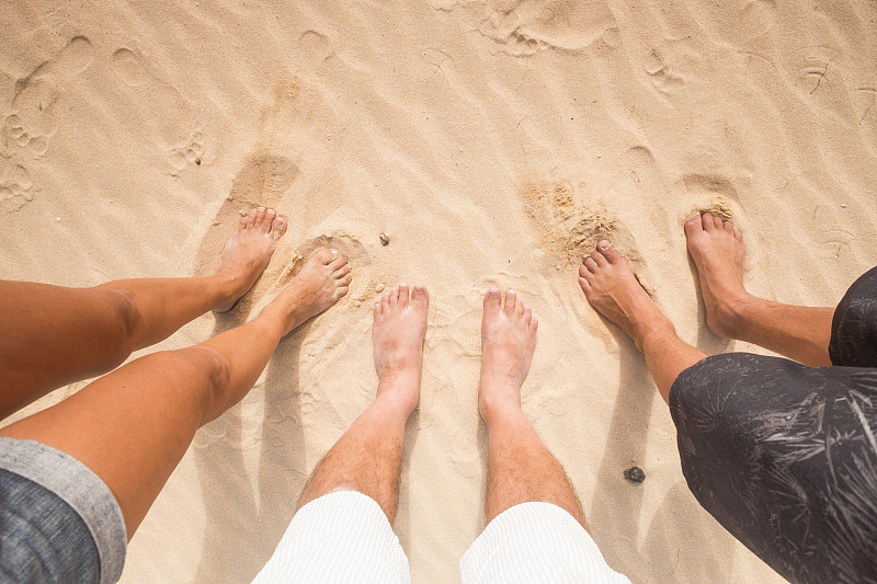 沙子,三个人,足,一对,气候,水平画幅,大西洋群岛,人群,夏天,户外
