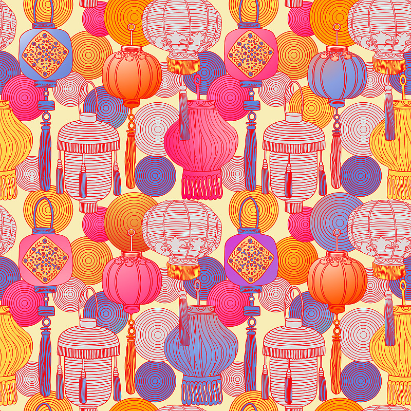 色彩鲜艳,灯笼,春节,2018,式样,中国元宵节,中国灯笼,绘画作品,传统节日,四方连续纹样