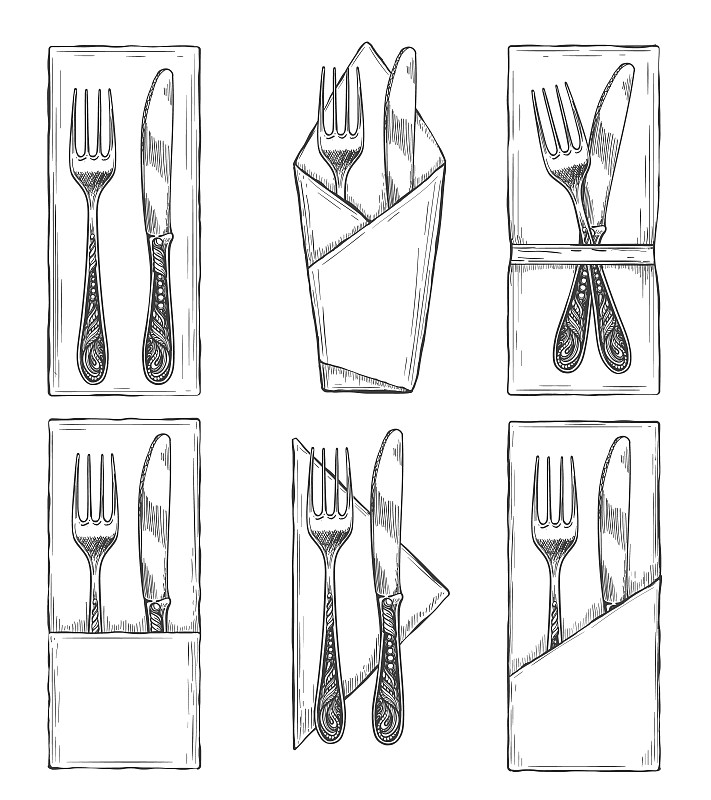 餐巾,草图,银餐具,餐具,垂直画幅,绘画插图,艺术,银色,餐刀,膳食