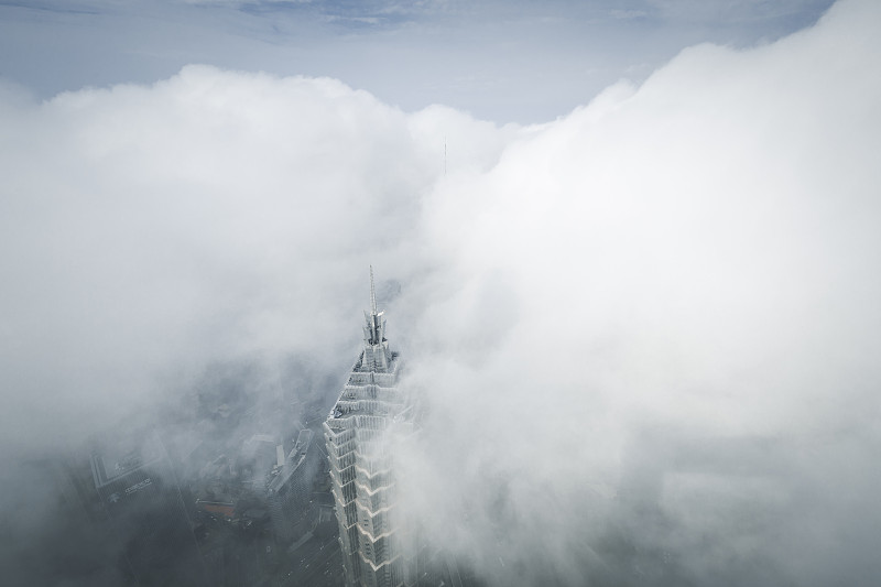雾,城市天际线,厚的,上海,天空,留白,高视角,早晨,浦东,金茂大厦