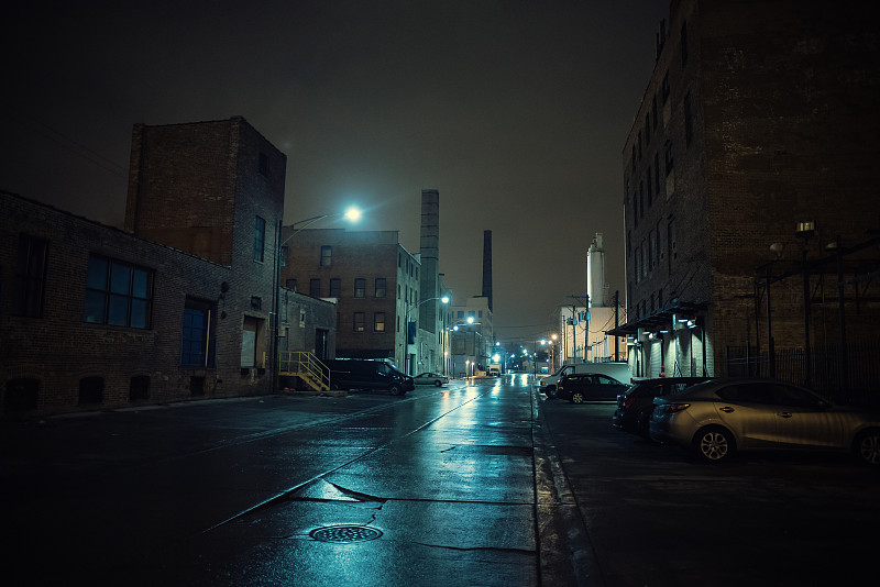 仓库,夜晚,芝加哥市,工厂,工业,雨,雾,城市,烟囱,都市风光