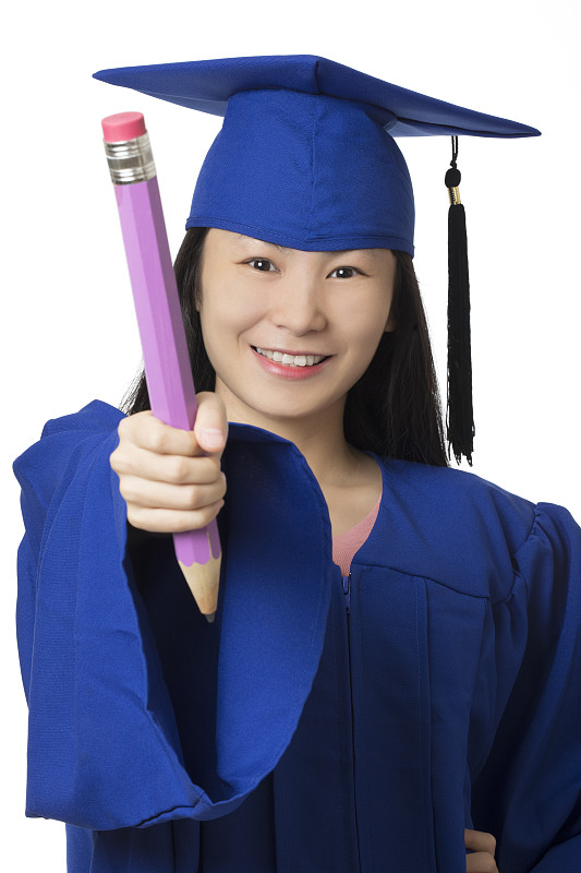 铅笔,女人,白色背景,衣服,分离着色,蓝色,拿着,毕业礼服,女高中生,长袍