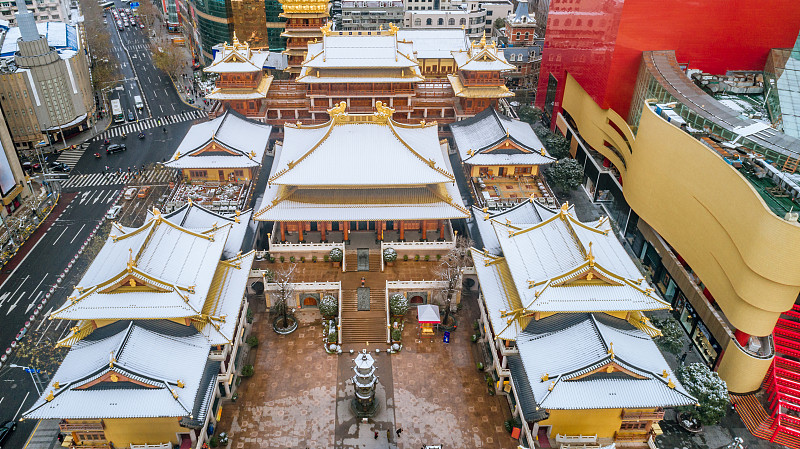 寺庙,上海,市区,平衡折角灯,南京路,航拍视角,早晨,下雪,靠近