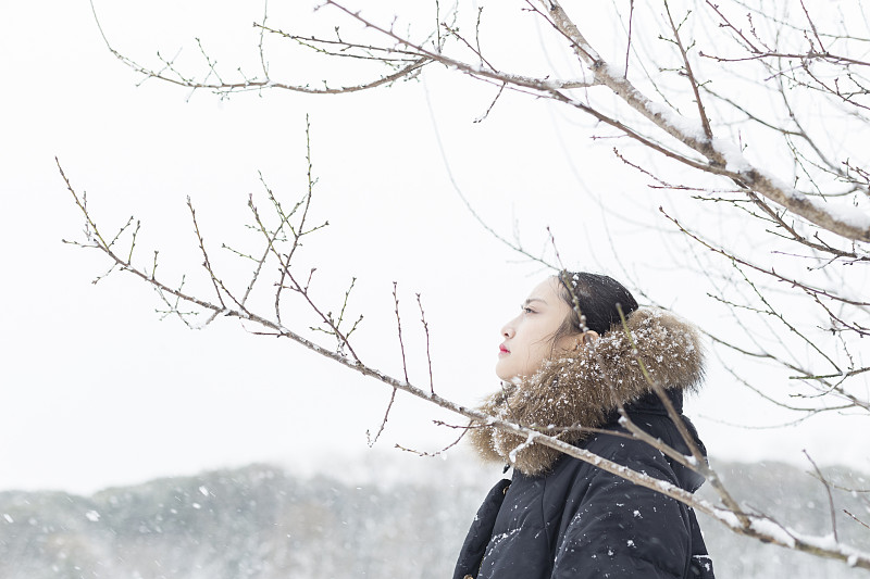 雪,自然美,注视镜头,女人,18岁到19岁,无忧无虑,向上看,半身像,寒冷,仅一个青年女人