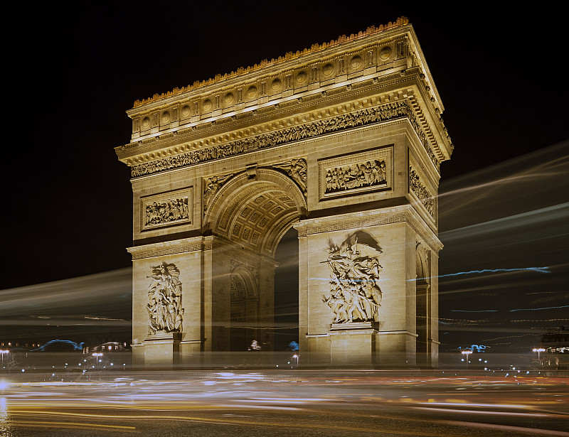 凯旋门,夜晚,巴黎,纪念碑,水平画幅,无人,符号,交通,凯旋汽车,户外