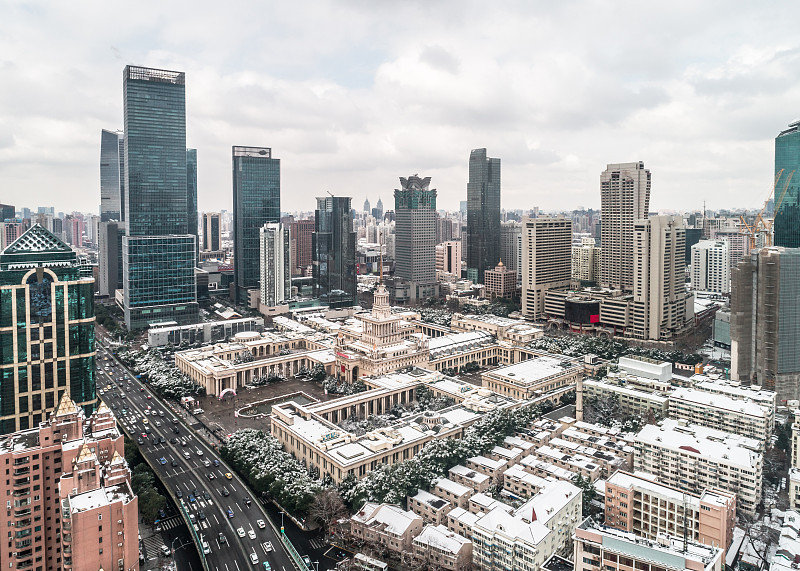 都市风景,上海,航拍视角,办公室,天空,水平画幅,高视角,云,无人,交通