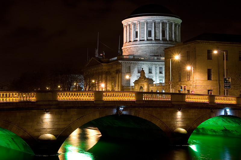 爱尔兰,城市,室内过夜,都柏林,纪念碑,水,水平画幅,夜晚,无人,古老的
