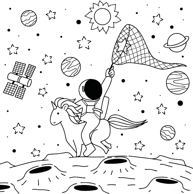 宇航员,独角兽,垂直画幅,纺织品,月亮,绘画插图,太空船,太空旅行器,科学,计算机制图