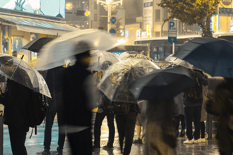 夜晚,雨,东京,伞,街道,倾盆大雨,城市,人,拥挤的,气候与心情