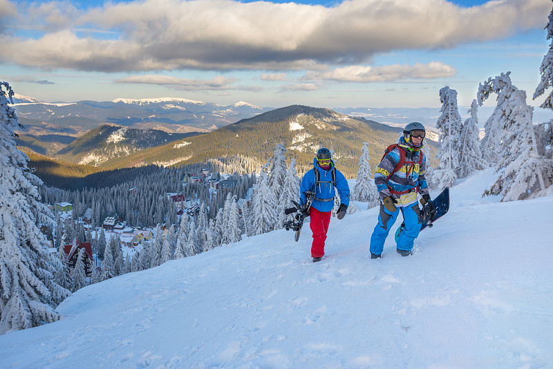 滑雪板,背包,幸福,两个人,山坡,滑雪场,雪板,滑雪度假,地平面,休闲活动