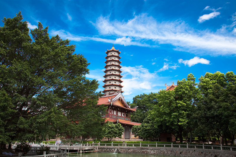 西禅寺,水,天空,公园,水平画幅,古老的,福建省,户外,云景,僧院