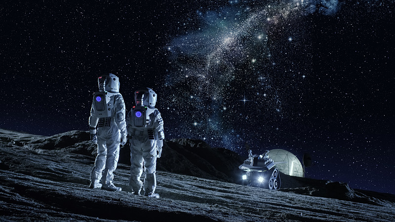 星系,宇航员,月亮,概念,两个人,看,空间探索,行星,太空服,垒