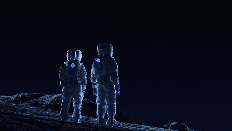 宇航员,两个人,空间探索,外星人,行星,太空服,极端地形,概念,观看,站