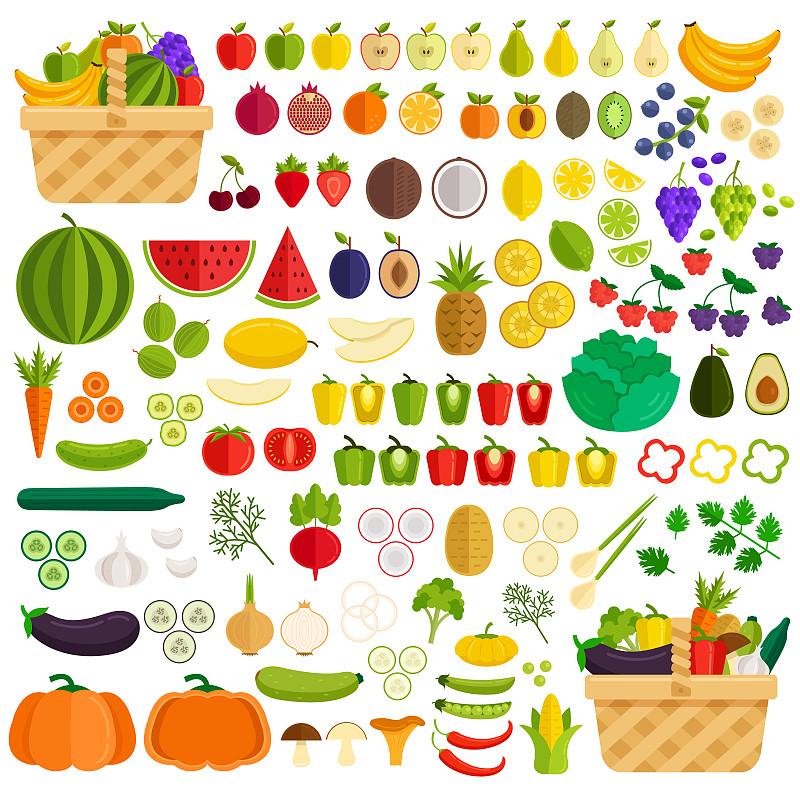 绘画插图,卡通,矢量,蔬菜,水果,成分,平坦的,计算机图标,化学元素周期表,极简构图
